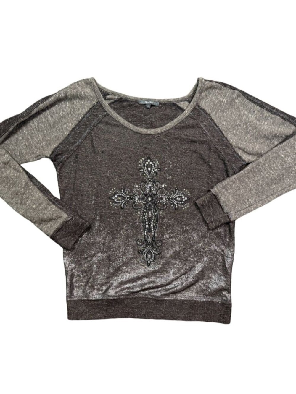 Miss Me Womens Large Brown Shimmer Rhinestone Cross Top Long Sleeve Y2K